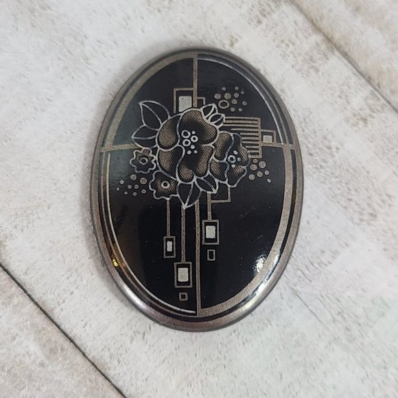 Vintage Michaela Frey Brooch Signed Oval Enamel Black Silver Floral Art Deco - Picture 5 of 9